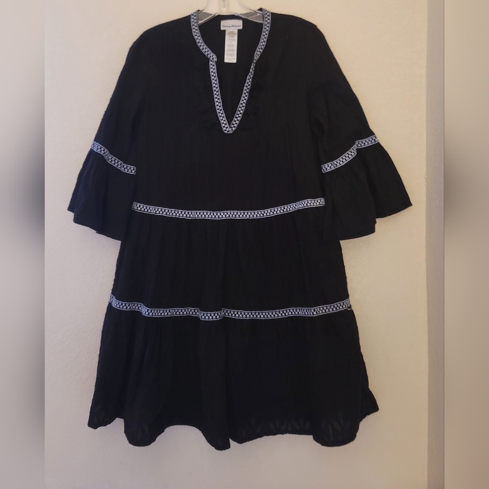 Tommy Bahama Black Embroidered Tassel V-neck Dress Womens Size XS Tunic Cotton - Picture 4 of 16